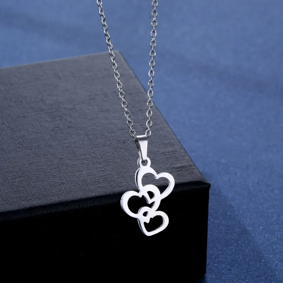 Stainless Steel Triple Heart Necklace & Earring Set