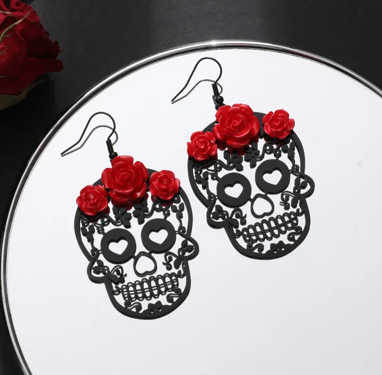 Red Roses Skull Head Drop Earrings