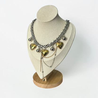 Two-Tone Layered Heart Charm Statement Necklace