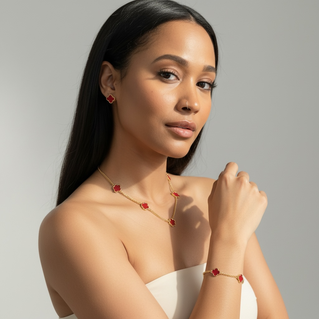 Gold & Red Clover Necklace, Bracelet & Earrings Set