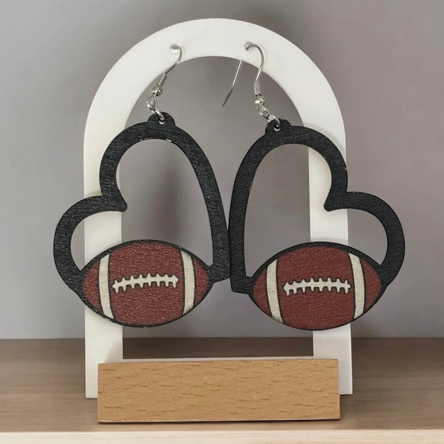 Heart Football Wood Earring