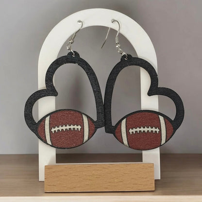 Heart Football Wood Earring