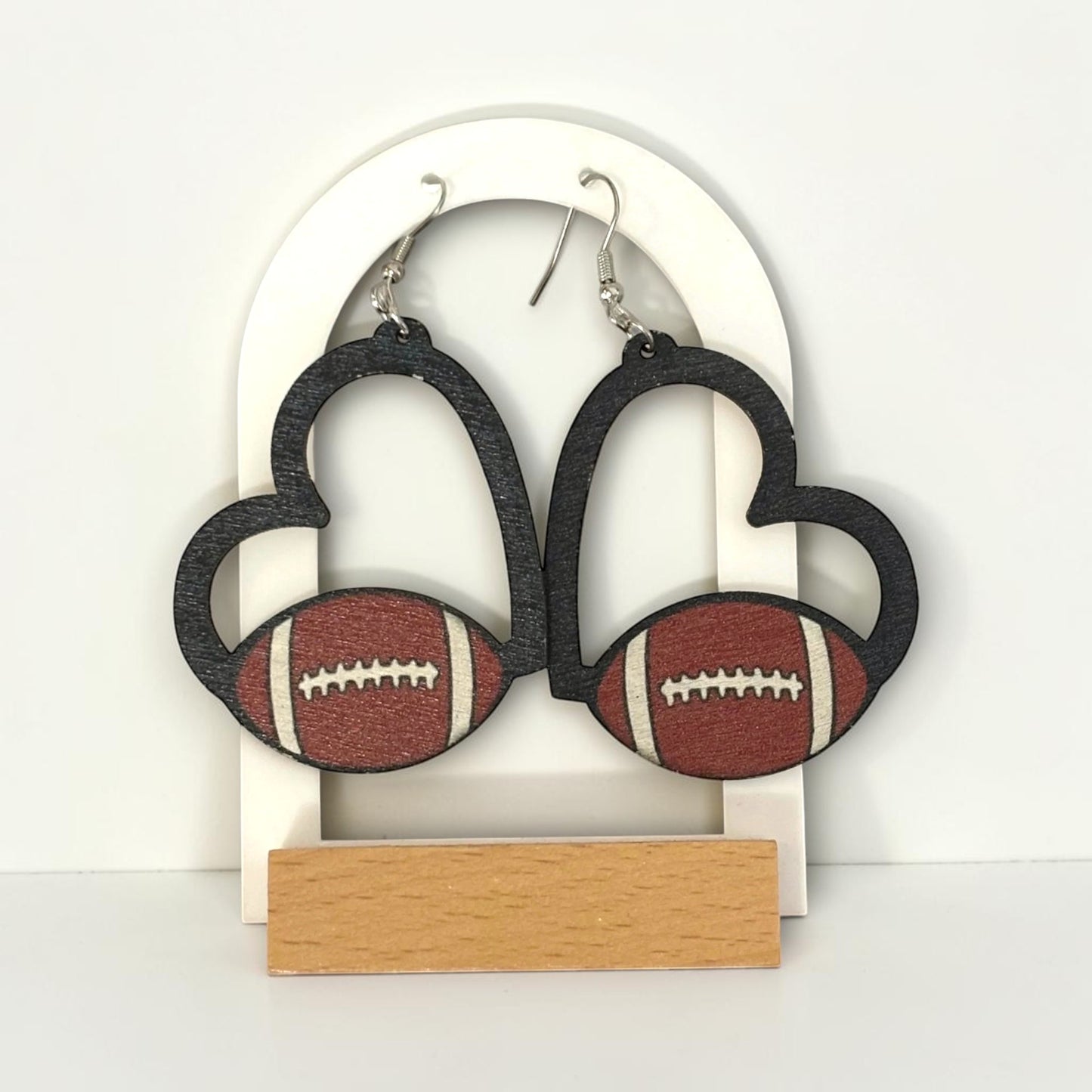Heart Football Wood Earring