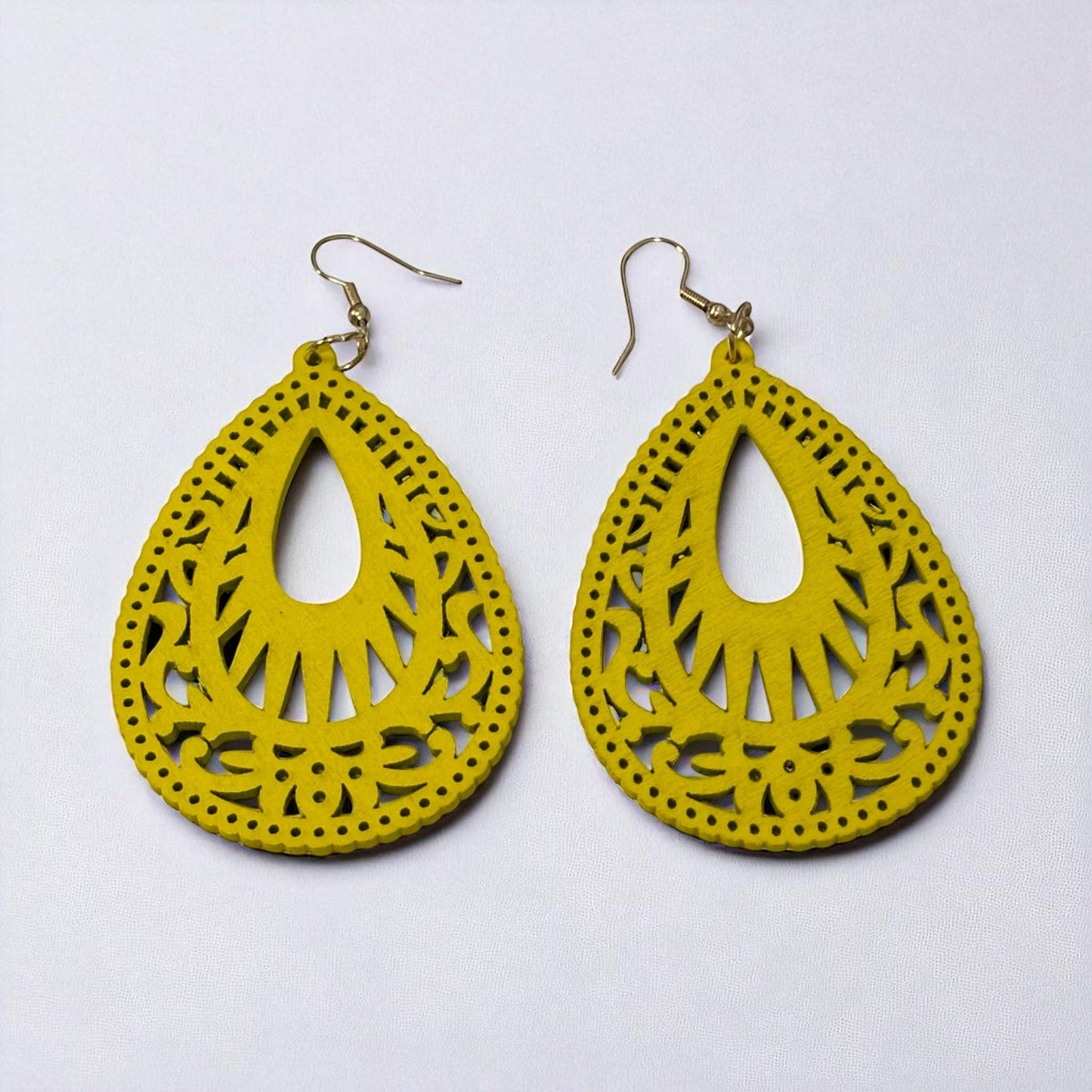 Wood Yellow Hollow Out Drop Earrings