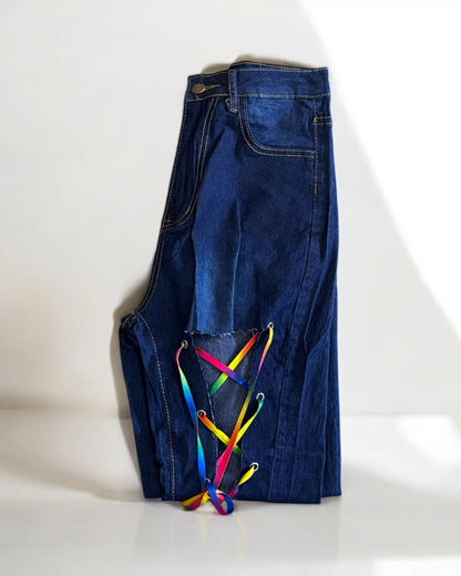 Rainbow Lace Women Low Waist Skinny Jeans