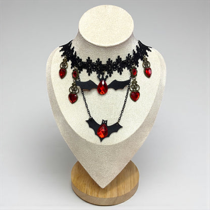 Halloween Bat Choker Necklace with Red Gem Accents