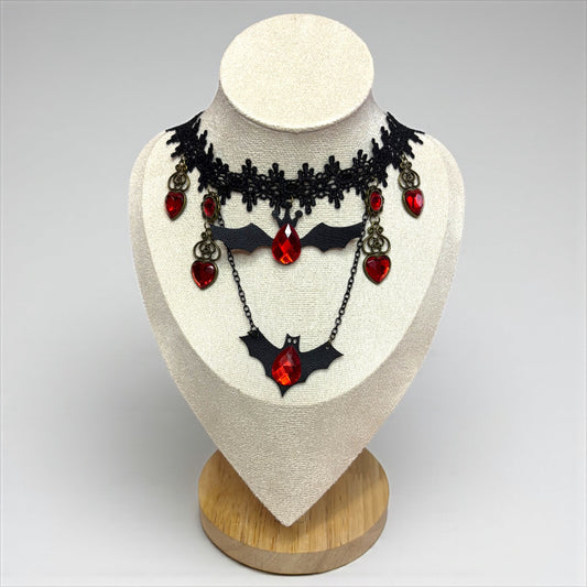 Halloween Bat Choker Necklace with Red Gem Accents