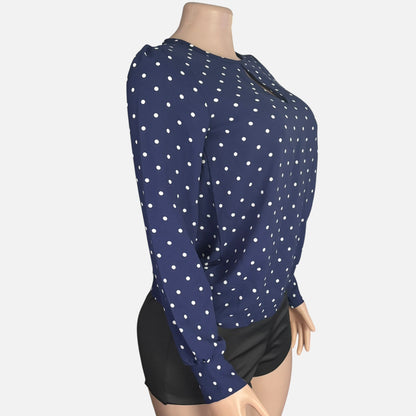 Navy Polka Dot Keyhole Long Sleeve Blouse