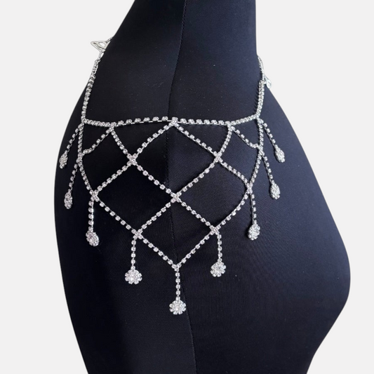 Omayra Boutique silver mesh shoulder chain with sparkling rhinestones on a black mannequin display