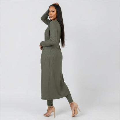Olive Ribbed Cardigan & Leggings Set