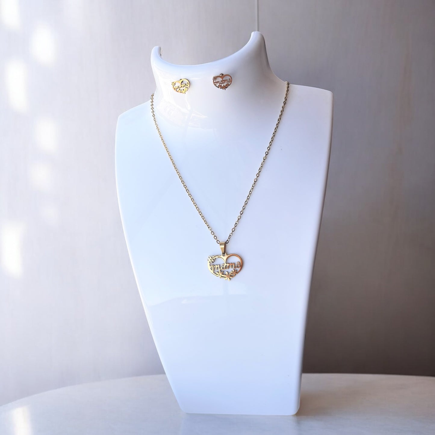 Conjunto de collar y pendientes con colgante de flor de rosa y corazón de amor de mamá en acero inoxidable