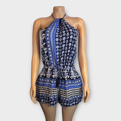 Mono corto con escote halter y abertura en la boca de cerradura para mujer en color azul