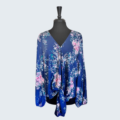Casual V Neck Tie Front Floral Blouse