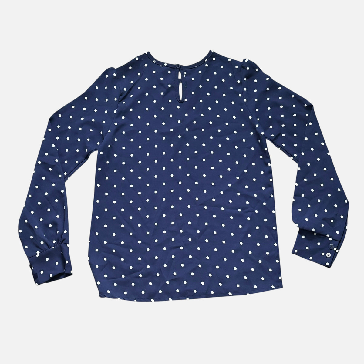 Navy Polka Dot Keyhole Long Sleeve Blouse