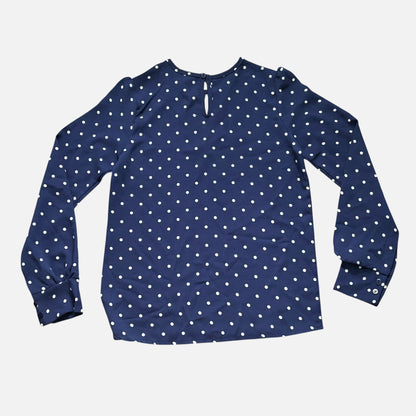 Navy Polka Dot Keyhole Long Sleeve Blouse