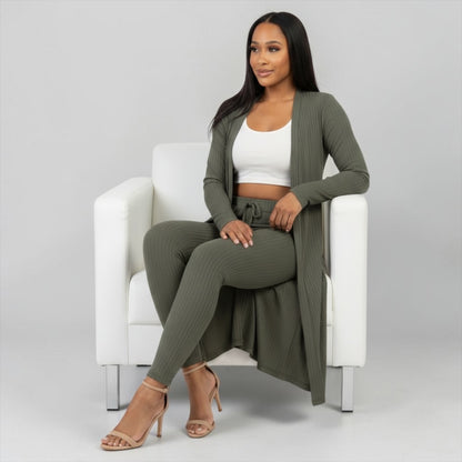 Olive Ribbed Cardigan & Leggings Set