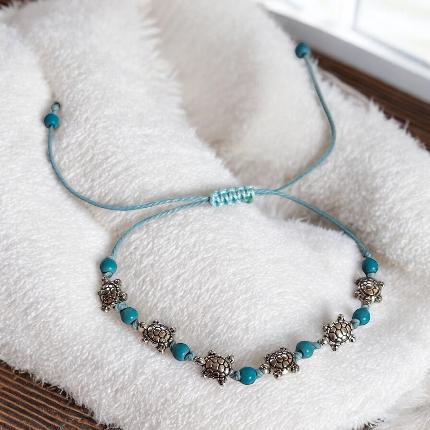Pulsera de tobillo con forma de tortuga bohemia hecha a mano y anudada de 2 piezas