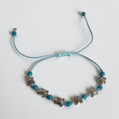 Pulsera de tobillo con forma de tortuga bohemia hecha a mano y anudada de 2 piezas