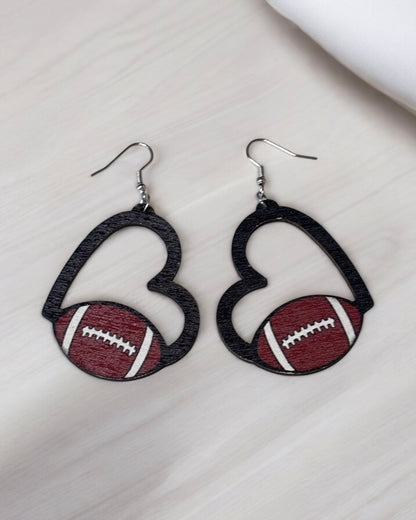 Heart Football Wood Earring