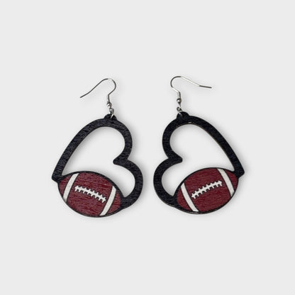 Heart Football Wood Earring