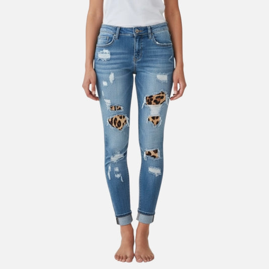 Leopard Print Insert Women Distressed Skinny Jeans
