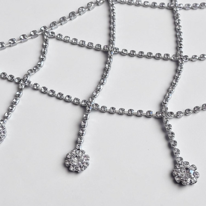 Omayra Boutique silver mesh shoulder chain with sparkling rhinestones and delicate floral accents