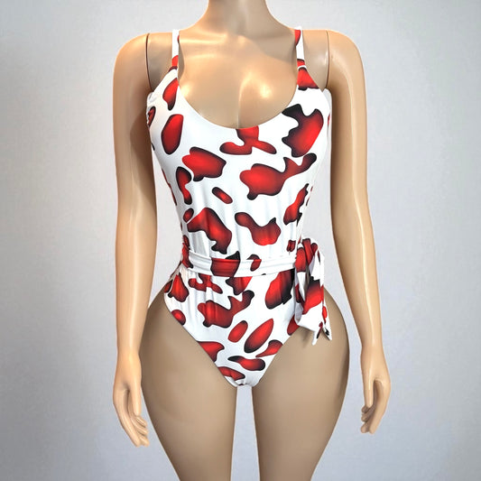 Red and White High Cut Women One-piece With Sash