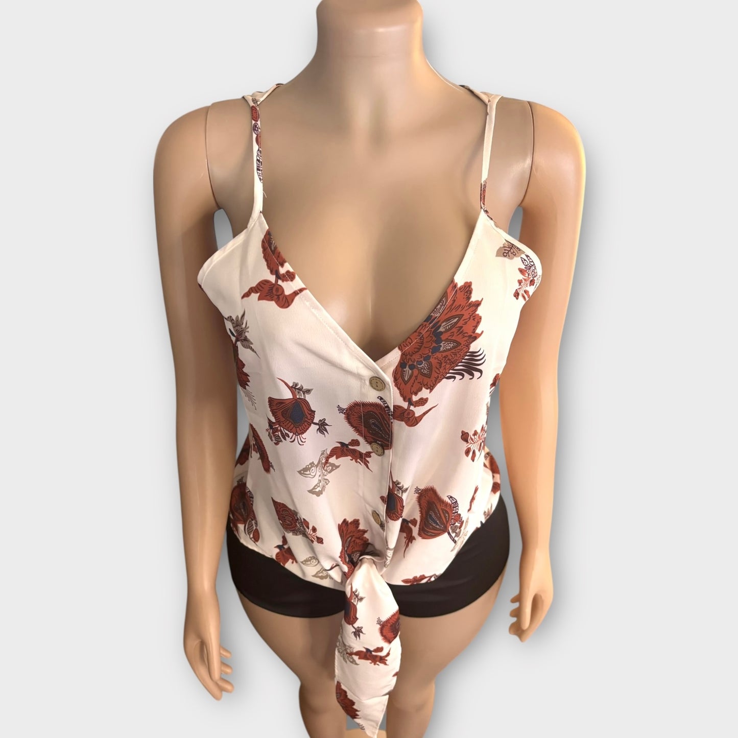 Camiseta sin mangas con estampado floral y lazo para mujer