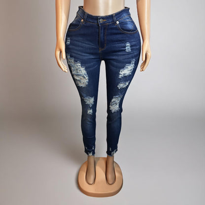Blue Distressed Raw Hem Denim Pants