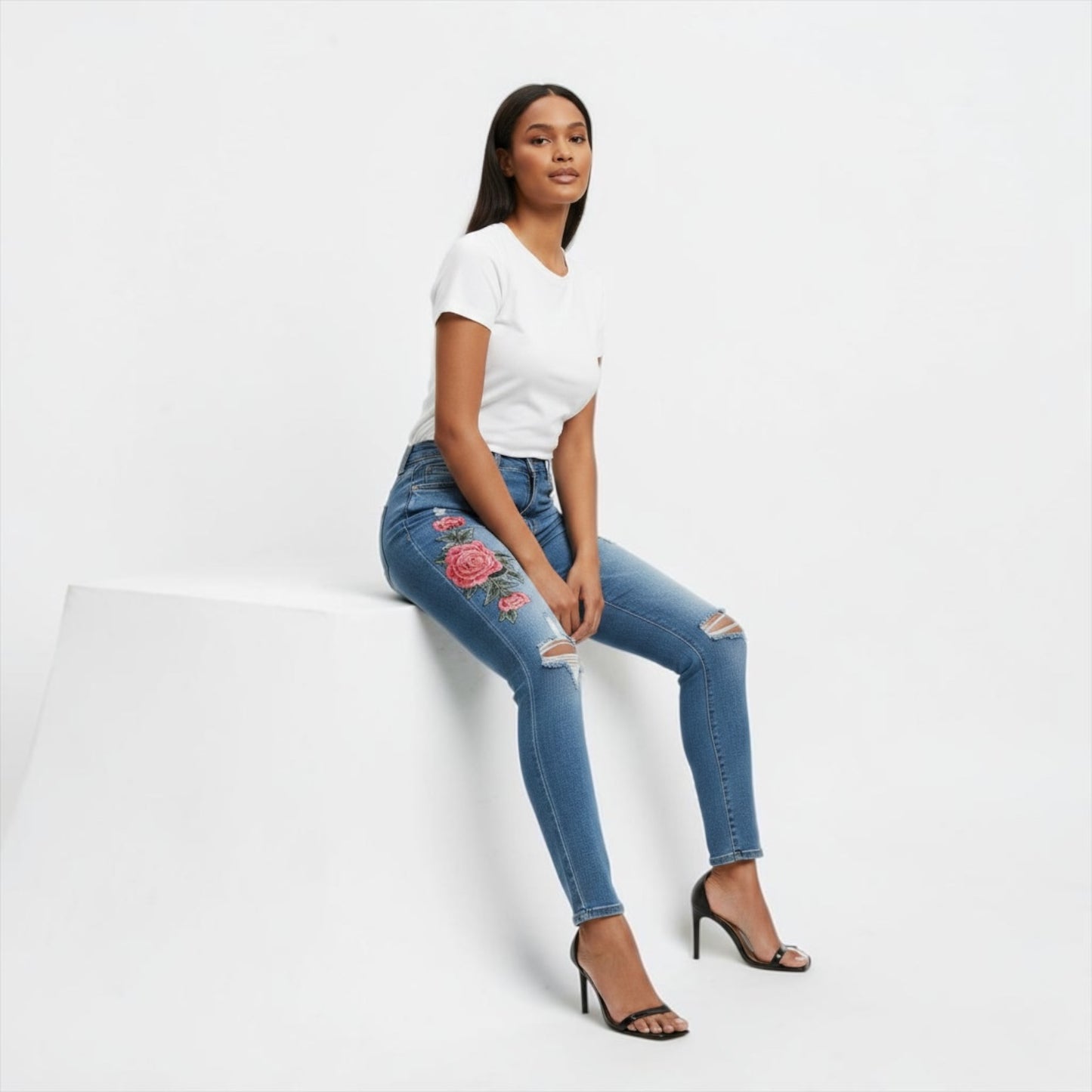 Rose Print Women Blue Jeans