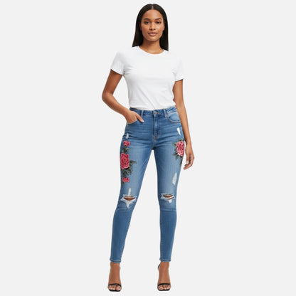 Rose Print Women Blue Jeans