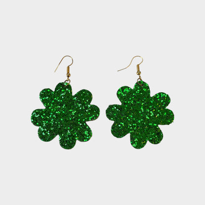 Green Glitter Shamrock Statement Earrings