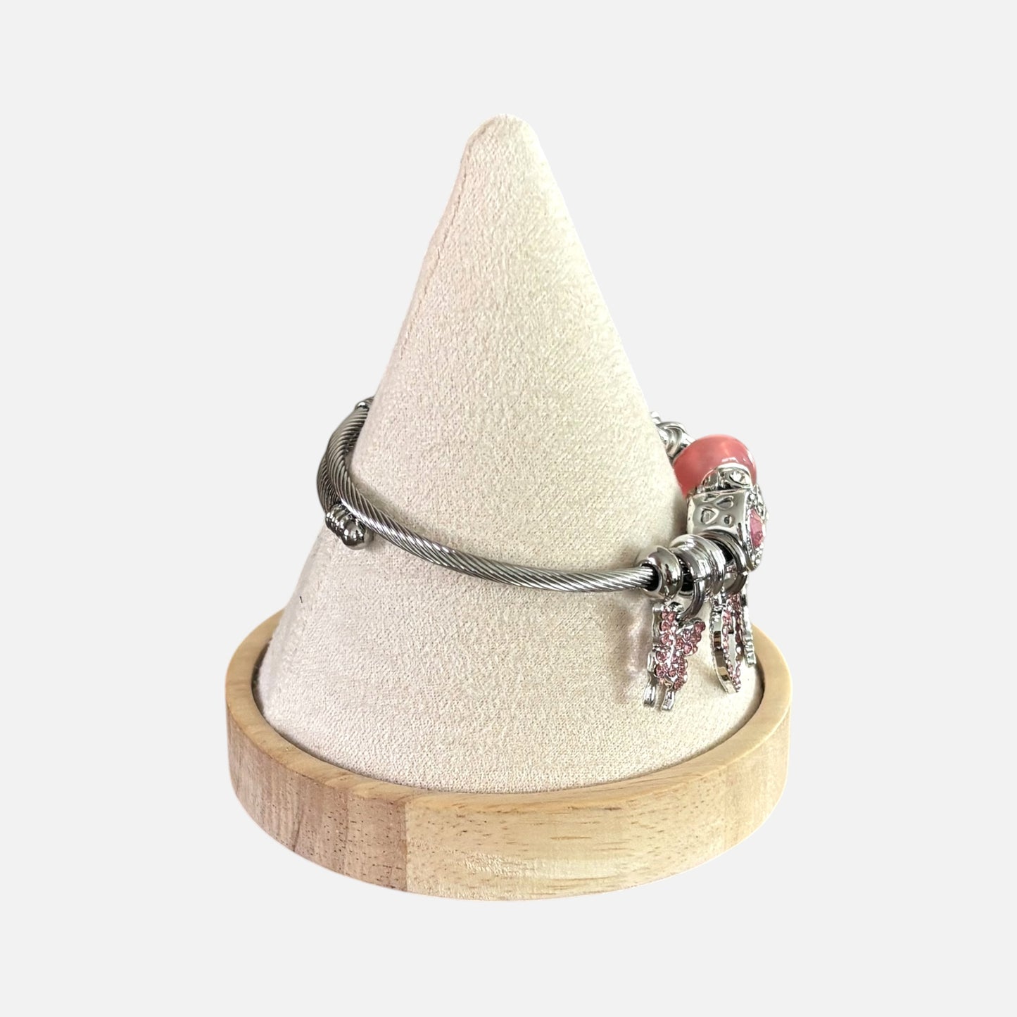 Pink & Silver Kitten Charm Bangle Bracelet for Girls