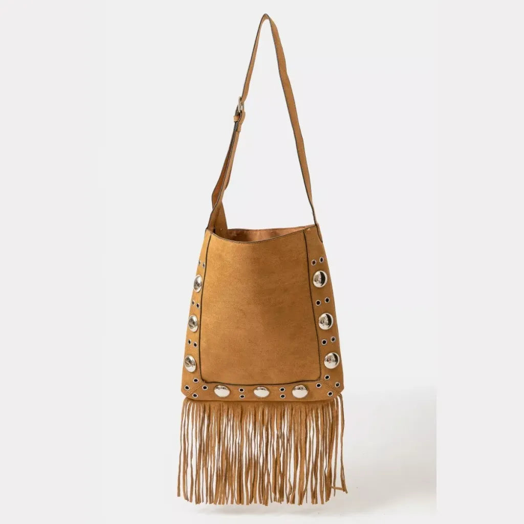 Faux Suede Grommet Accent Fringe Tote Bag