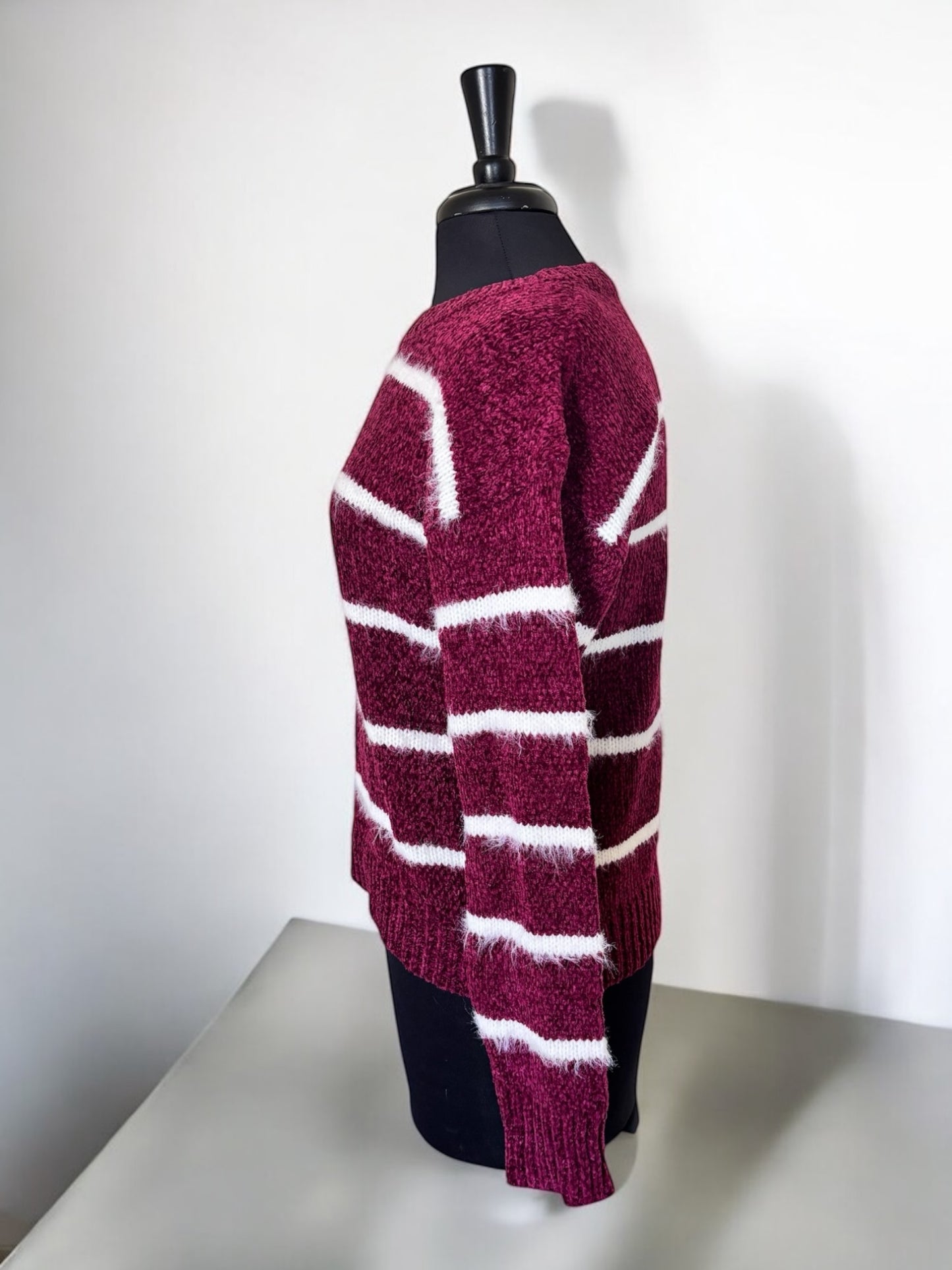Striped Burgundy Long Sleeve Knit Sweater