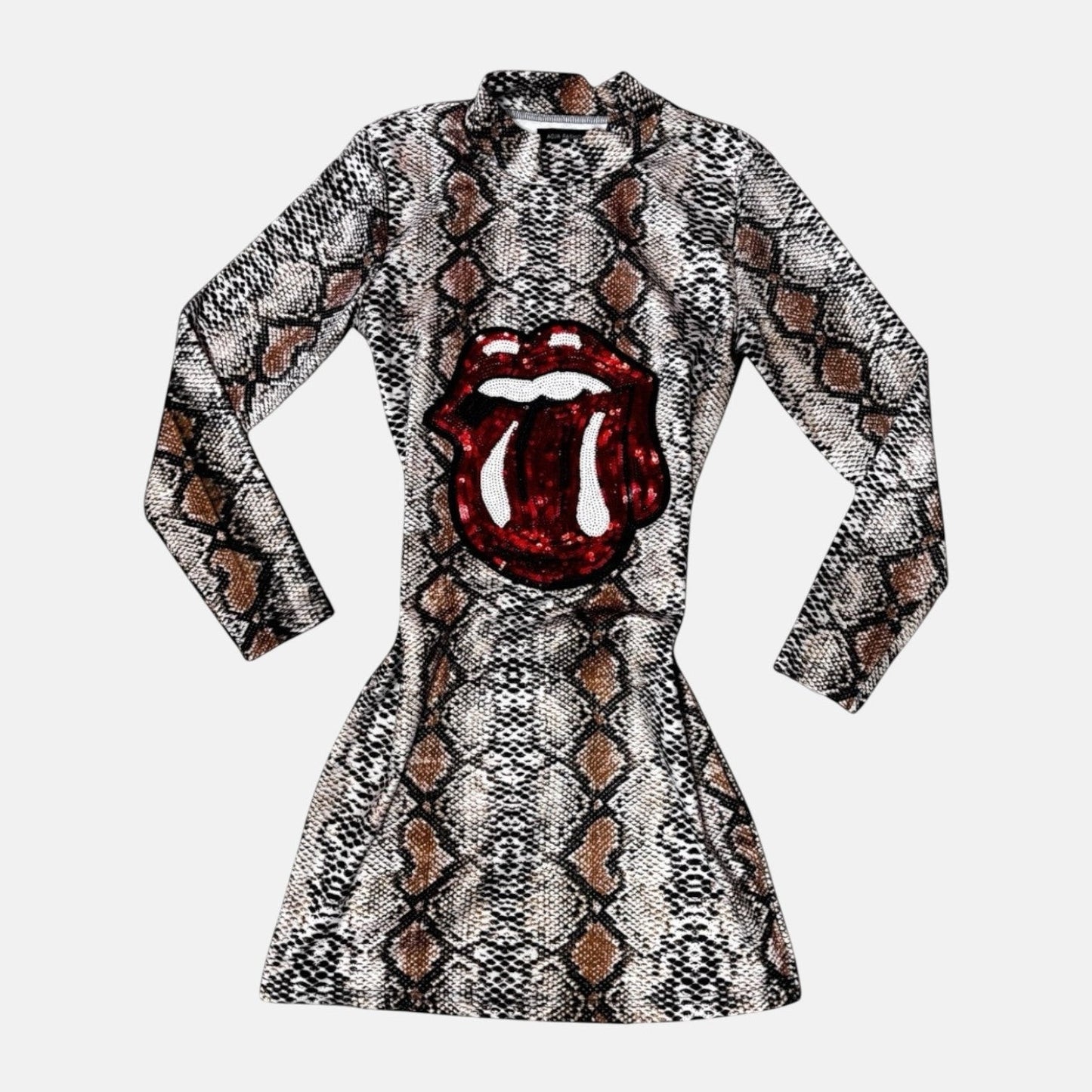 Vestido corto de mujer de manga larga con estampado de leopardo y labios rojos