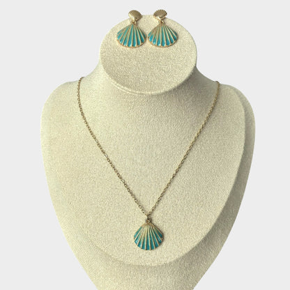 Beach Shell Gold & Turquoise Necklace and Earrings Set