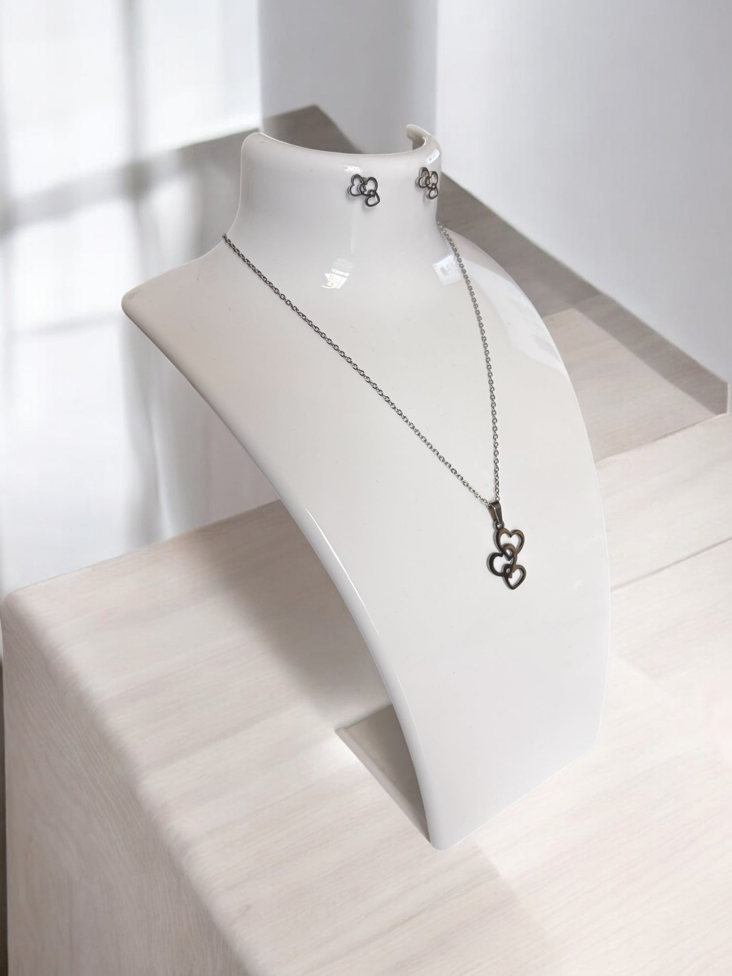 Stainless Steel Triple Heart Necklace & Earring Set