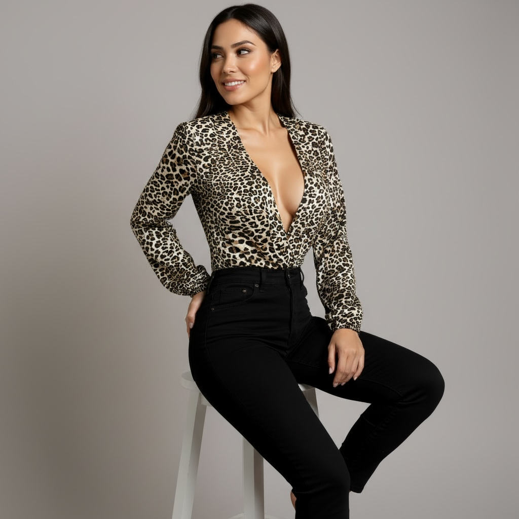 Long Sleeve Leopard V Neck Bodysuit