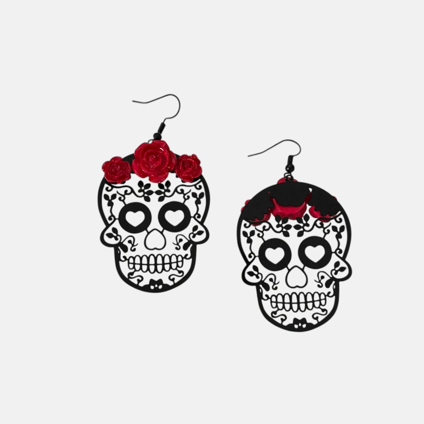 Red Roses Skull Head Drop Earrings