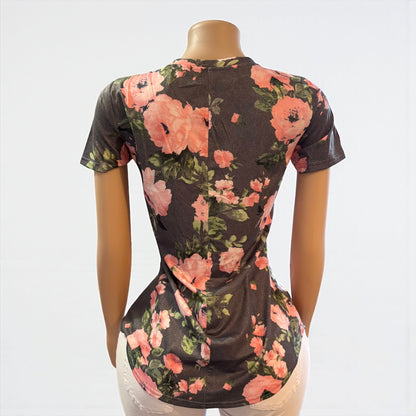 Camisa de manga corta gris con escote en V y flores para mujer