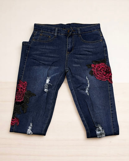 Rose Print Women Blue Jeans