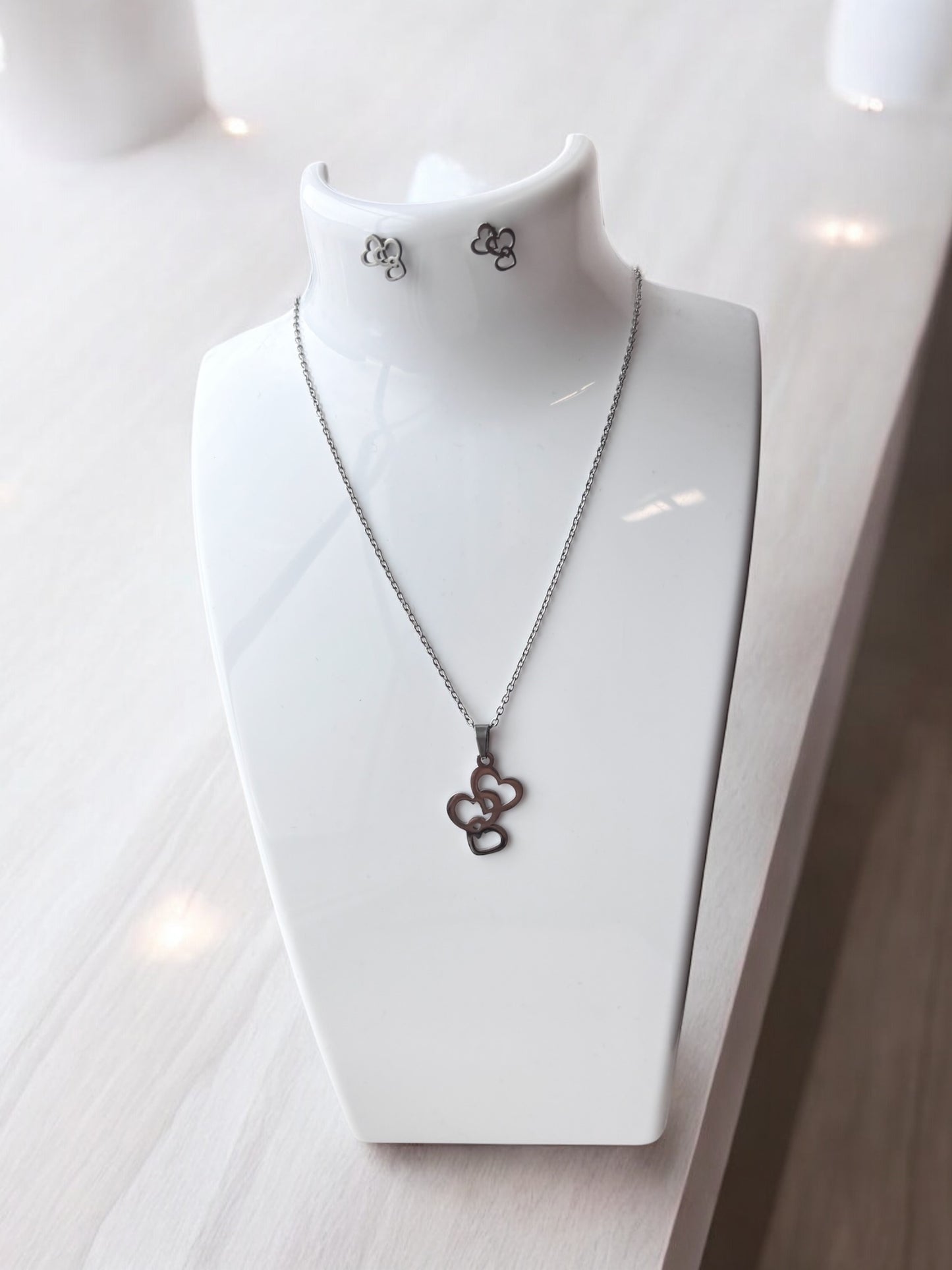 Stainless Steel Triple Heart Necklace & Earring Set