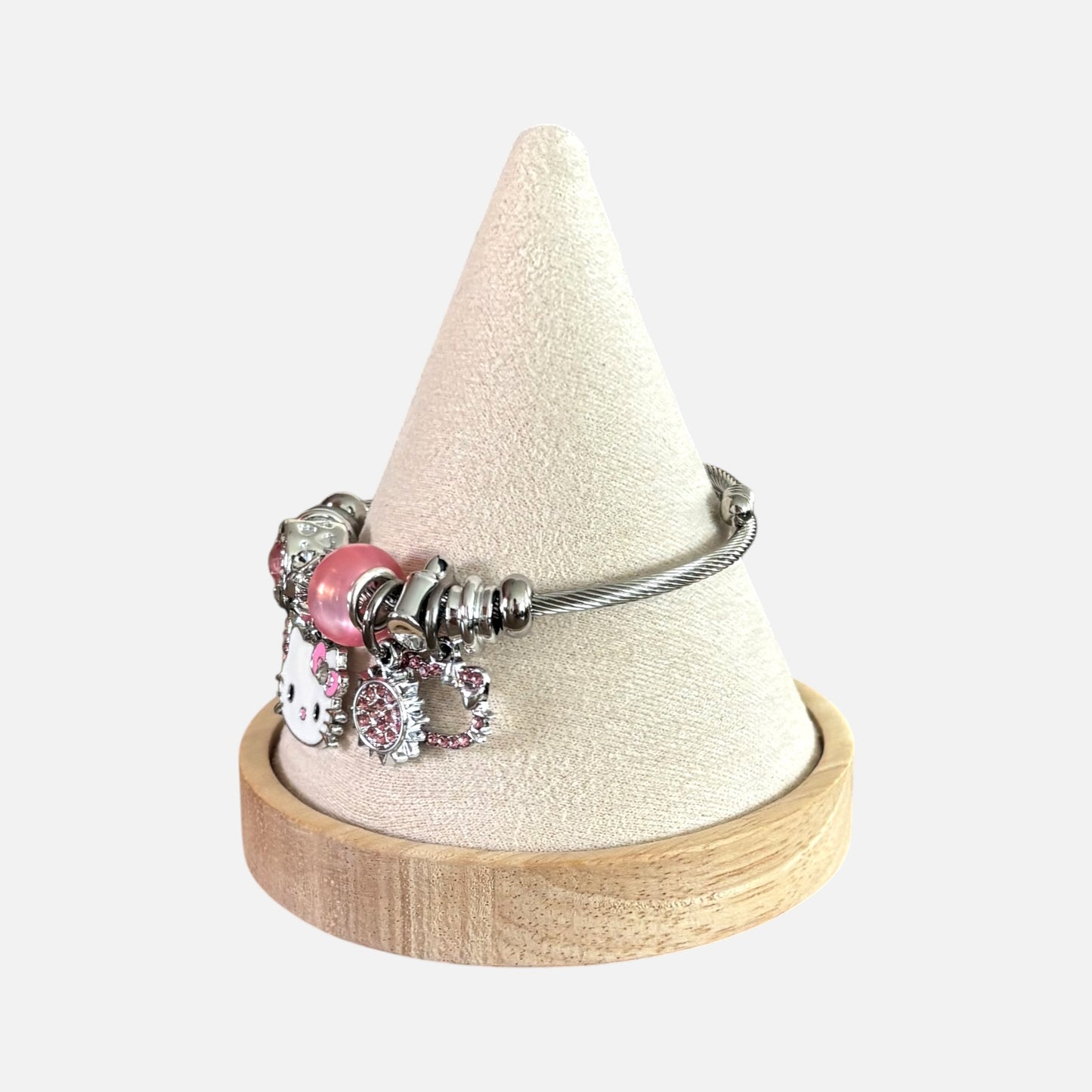 Pink & Silver Kitten Charm Bangle Bracelet for Girls
