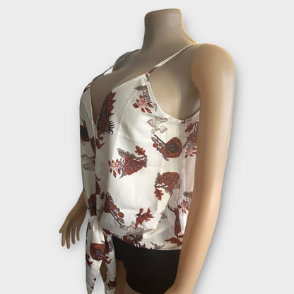 Camiseta sin mangas con estampado floral y lazo para mujer