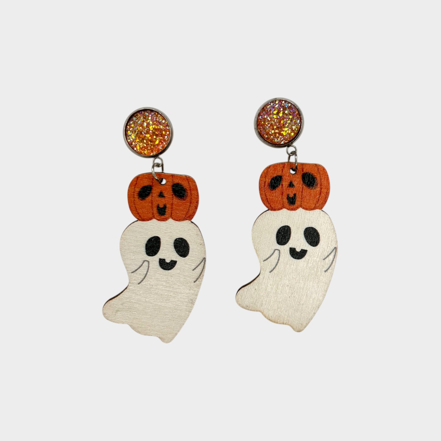 Pumpkin Ghost Wood Drop Earrings