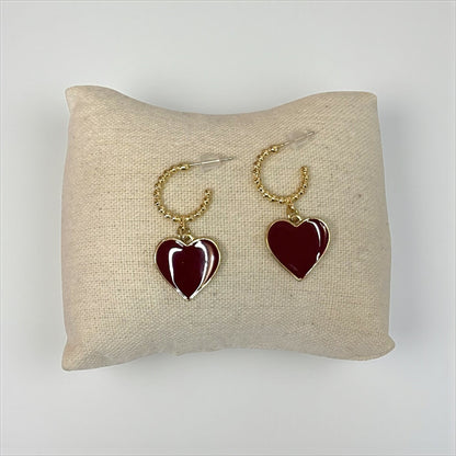 Chic Gold & Burgundy Heart Hoop Earrings