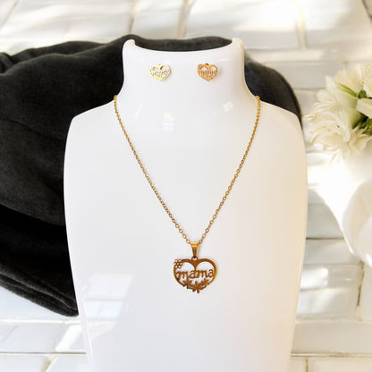 Conjunto de collar y pendientes con colgante de flor de rosa y corazón de amor de mamá en acero inoxidable