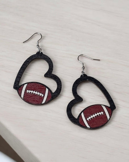 Heart Football Wood Earring