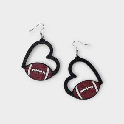 Heart Football Wood Earring